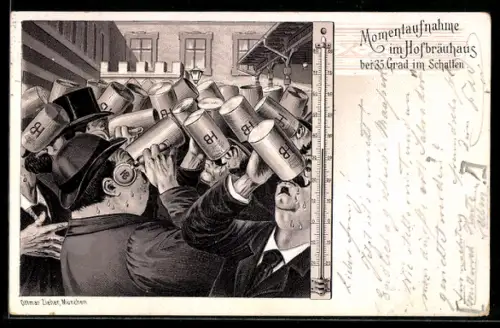 Lithographie Männer leeren Bierkrüge im Münchner Hofbräuhaus