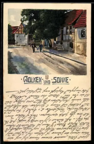 Künstler-AK Handgemalt: Strassenpartie in einem Dorf mit Fachwerkhäusern