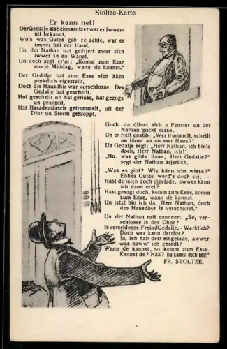 AK Stoltze-Karte, Zwei Herren unterhalten sich von der Strasse zum 1. Stock