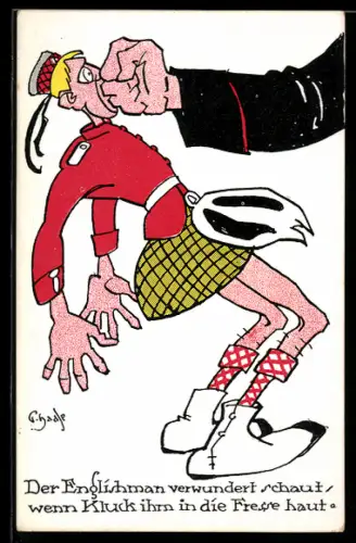 Künstler-AK Englischer Soldat bekommt einen Schlag ins Gesicht, Propaganda 1. Weltkrieg