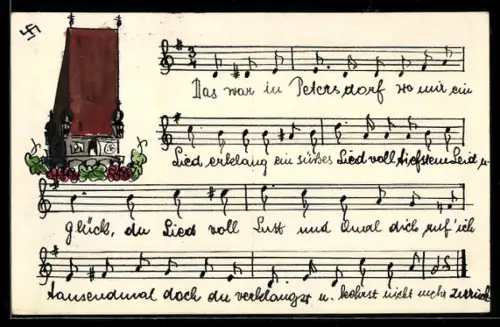 Künstler-AK Handgemalt: Perchtoldsdorf, Kirchturm und Notenzeilen, gemaltes 