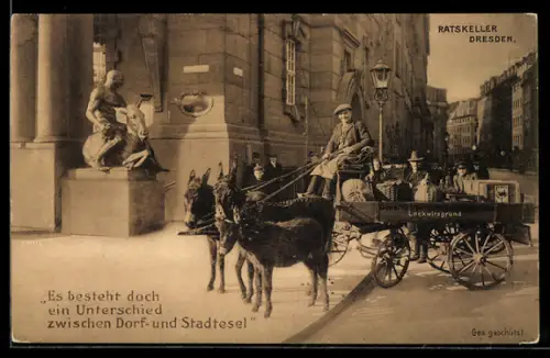 AK Dresden, Restaurant Ratskeller, Esel-Lieferkarren der Firma Obstkelterei Donath Lockwitzgrund