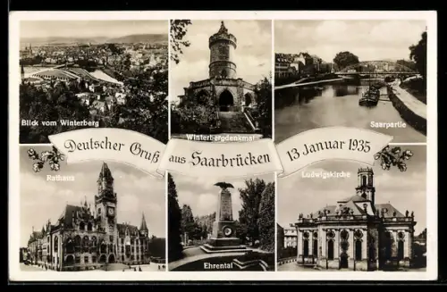 AK Saarbrücken, Blick vom Winterberg, Winterbergdenkmal, Rathaus, Ehrental, Ludwigskirche, Saarpartie