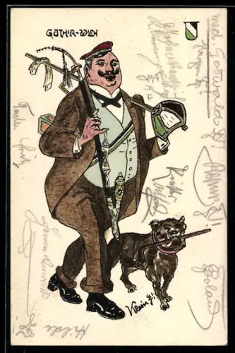 Künstler-AK Handgemalt: Wien, Verbindungsstudent der K.Ö.St.V. Gothia zu Wien in Vollcouleur mit Korbschläger und Hund