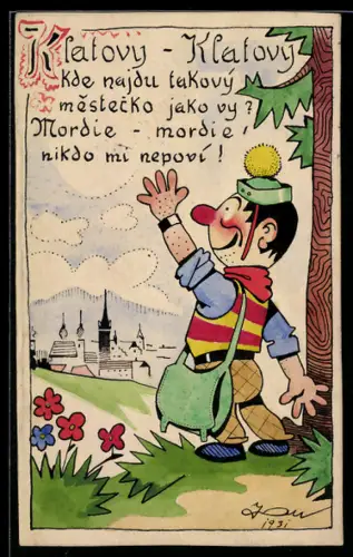 AK Klattau, Mann mit roter Nase und Mütze mit Bommel winkt dem Ort zu