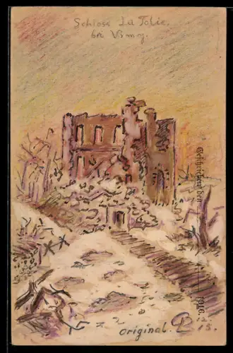 Künstler-AK Handgemalt: Vimy, Ruine vom Schloss La Jolie mit Umgebung
