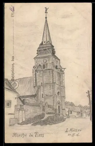 Künstler-AK Handgemalt: Flers, Ortspartie mit Kirche