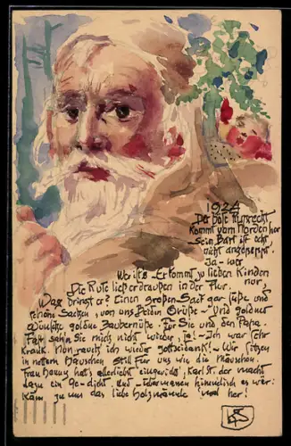 Künstler-AK Handgemalt: Weihnachten 1924, Weihnachtsmann mit Gedichttext