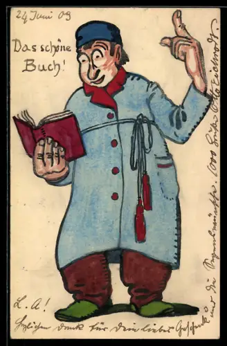 Künstler-AK Handgemalt sign. Otto Eichrodt: Karlsruhe, Lesender Mann mit erhobenem Zeigefinger, Jugendstil