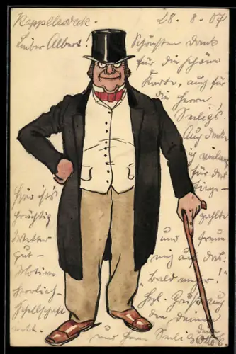 Künstler-AK Handgemalt sign. Otto Eichrodt: Karlsruhe, Herr im Anzug mit Gehstock und Zylinder, Jugendstil