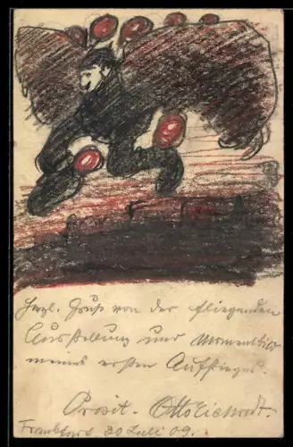 Künstler-AK Handgemalt sign. Otto Eichrodt: Karlsruhe, Fliegender Mann über einer Stadt, Jugendstil