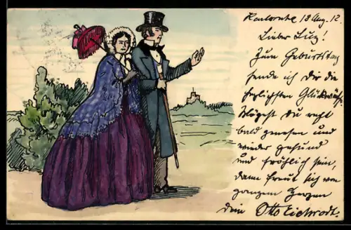 Künstler-AK Handgemalt sign. Otto Eichrodt: Karlsruhe, Paar bei einem Spaziergang im Grünen, Jugendstil