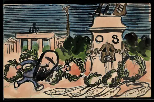 Künstler-AK sign. Arpad Schmidhammer: Bärtiger Mann legt Kränze an einem Denkmal vor dem Brandenburger Tor ab