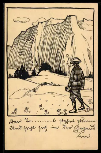 Künstler-AK sign. Hellmut Eichrodt: Karlsruhe, Wanderer mit Zigarre vor einem Bergpanorama, Jugendstil