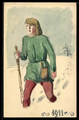 Künstler-AK Handgemalt sign. Hellmut Eichrodt: Karlsruhe, Wanderer mit Gehstock läuft durch kniehohen Schnee, Jugendstil