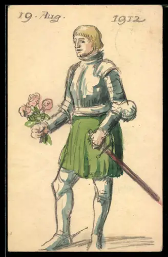 Künstler-AK Handgemalt sign. Hellmut Eichrodt: Karlsruhe, Ritter in Rüstung mit Schwert und Rosenstrauss, Jugendstil