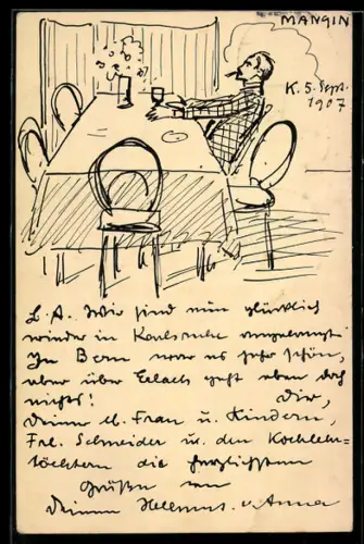 Künstler-AK Handgemalt sign. Hellmut Eichrodt: Karlsruhe, Rauchender Mann sitzt mit einem Glas Wein am Tisch, Jugendstil