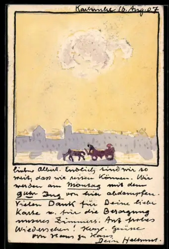 Künstler-AK Handgemalt sign. Hellmut Eichrodt: Karlsruhe, Kutsche vor einer Ortssilhouette, Jugendstil