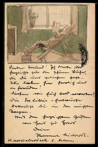 Künstler-AK Handgemalt sign. Hellmut Eichrodt: Karlsruhe, Mann liegt in einem Liegestuhl und liest ein Buch, Jugendstil