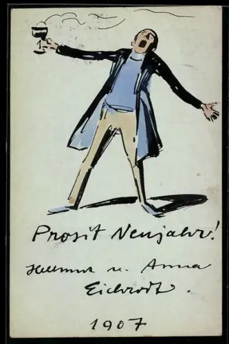 Künstler-AK Handgemalt sign. Hellmut Eichrodt: Karlsruhe, Mann mit Weinglas breitet die Arme aus, Jugendstil