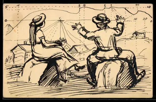 Künstler-AK Handgemalt sign. Hellmut Eichrodt: Karlsruhe, Wanderndes Paar sitzt auf Steinen vor einem Ort, Jugendstil