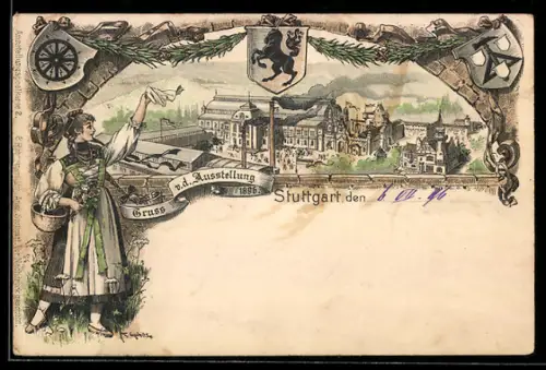 Lithographie Stuttgart, Ausstellung 1896, Messegelände und Stadtwappen, Winkende Dame in Tracht, Ganzsache