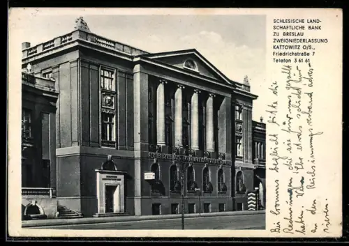 AK Kattowitz, Schlesische Landschaftliche Bank zu Breslau