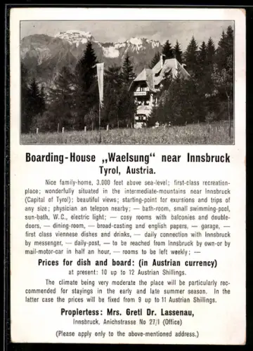 AK Innsbruck /Tirol, Boarding House Waelsung, Propr. Mrs. Gretl Dr. Lassenau