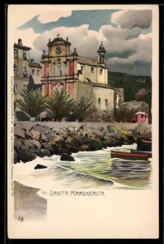Künstler-Lithographie Paul Hey: Santa Margherita, Ortspartie mit Kirche am Wasser