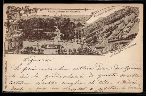 Lithographie Genova, Piazza Corvetto ed Acquasola, Panorama, frühe Karte