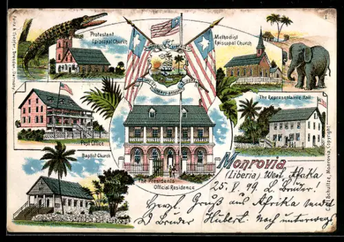 Lithographie Monrovia, Presidents Official Residence, Post Office, Baptist Church