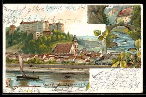 Lithographie Pirna, Lochmühle, Schloss Sonnenstein, Flusspartie