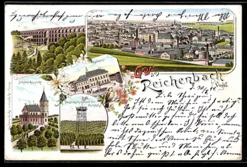 Lithographie Reichenbach i. Vogtl., Rathaus, Aussichtsturm auf der Carlshöhe