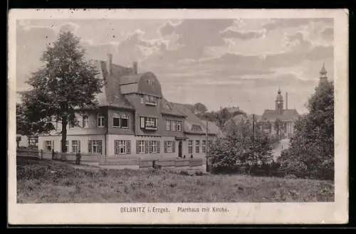 AK Oelsnitz i. Erzgeb., Pfarrhaus mit Kirche