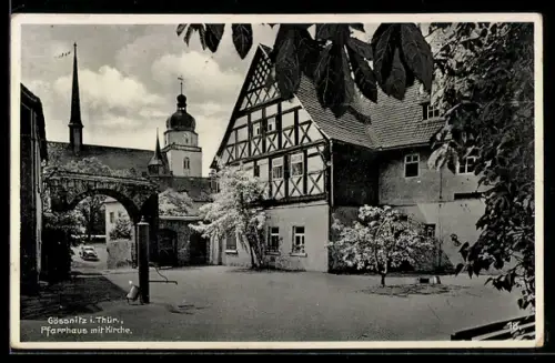AK Gössnitz, Blick auf Pfarrhaus und Kirche