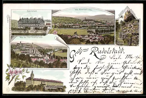 Lithographie Rudolstadt, Rudolsbad, Schiller-Denkmal von der Justinshöhe