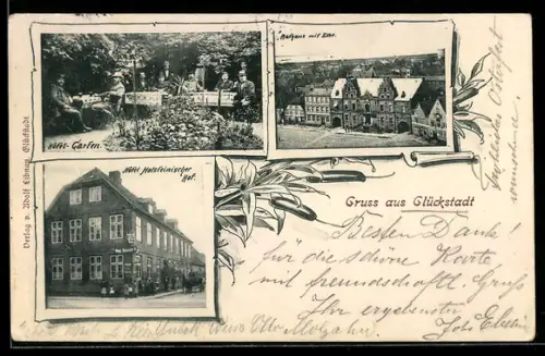 AK Glückstadt, Rathaus mit Elbe aus der Vogelschau, Hotel Holsteinischer Hof in der Aussenansicht und Gartenbereich