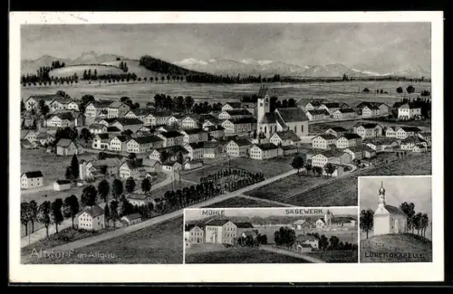 AK Altdorf im Allgäu, Totalansicht, Mühle, Sägewerk und Lorettokapelle