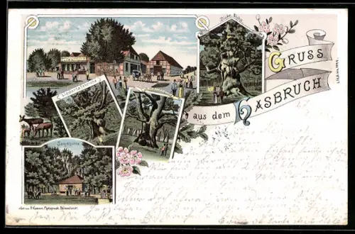 Lithographie Hasbruch, Dicke Eiche, Jagdhütte, Liedertafeleiche