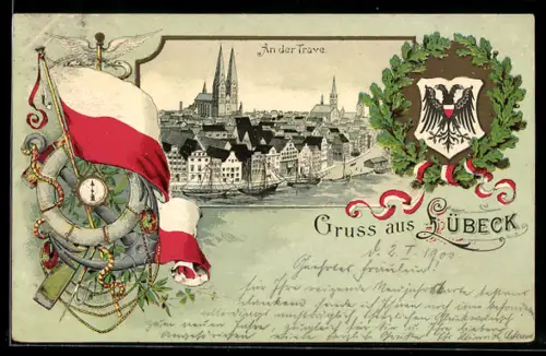 Passepartout-Lithographie Lübeck, Partie an der Trave mit Kirche und Segelschiffen, Wappen