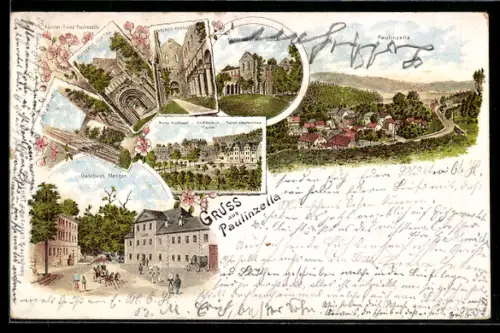 Lithographie Paulinzella, Gasthaus Menger und Ruine Nordwall