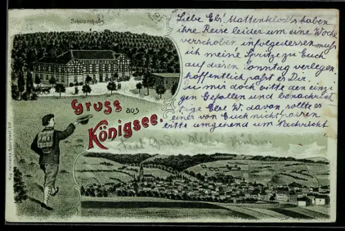 Lithographie Königsee, Totalansicht und Blick auf das Schützenhaus mit angrenzendem Wald