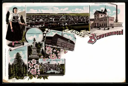 Lithographie Schwenningen, Bärenbrauerei, Totalansicht, Kaiser Wilhelm Denkmal und Uhrenfabrik Fr. Mauthe