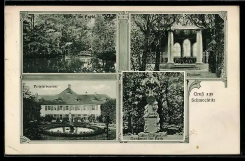 AK Schmochtitz, Partie im Park, am Elysium und Priesterseminar mit Gartenanlage