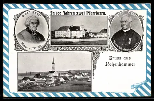 AK Hohenkammer, Totalansicht mit Kirche, Portraits von Pfarrherrn Egger und Merk