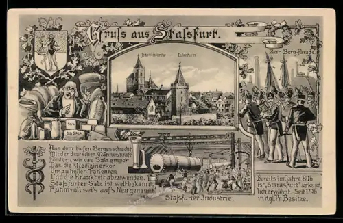 AK Stassfurt, Johanniskirche, Eulenturm und Szene aus der Induestrie