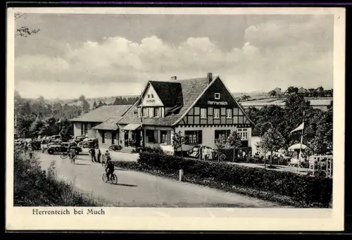 AK Much, Gasthaus Herrenteich an der Wahnbachtalstrasse, Inh. Gerh. Schwamborn, Aussenansicht mit Grünanlage