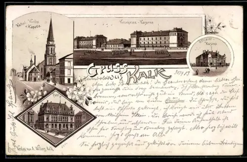Lithographie Köln-Kalk, Kronprinz-Kaserne, Katholische Kirche und Offizierskasino