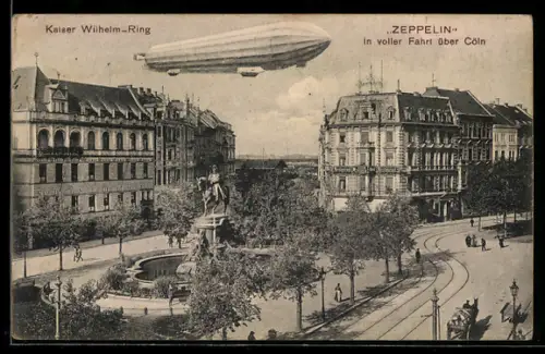 AK Köln, Kaiser Wilhelm-Ring, Luftschiff Zeppelin in voller Fahrt