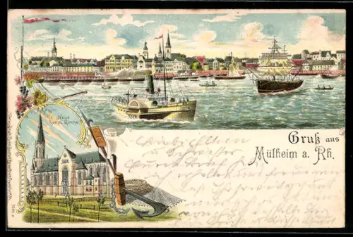 Lithographie Köln-Mülheim, Panorama, Neue kath. Kirche